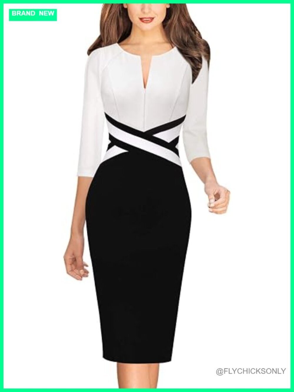 3/4 Sleeve Slimming Fitted Front Zipper Crisscross Waist Pencil Sheath Dress